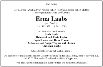 Anzeige  Erna Laabs  Lippische Landes-Zeitung