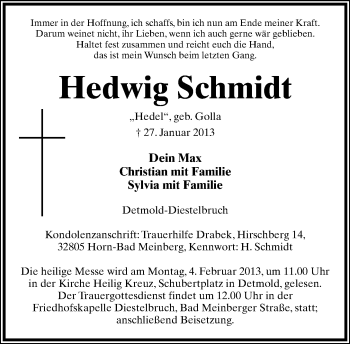 Anzeige  Hedwig Schmidt  Lippische Landes-Zeitung