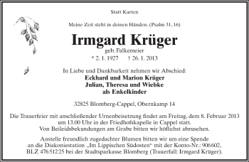 Anzeige  Irmgard Krüger  Lippische Landes-Zeitung