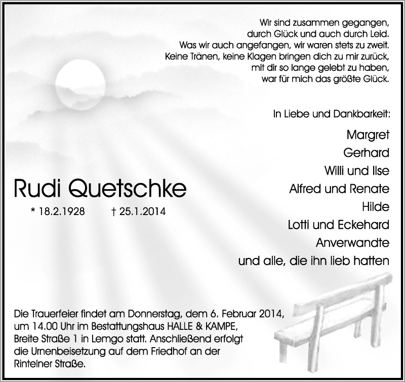  Traueranzeige für Rudi Quetschke vom 01.02.2014 aus Lippische Landes-Zeitung