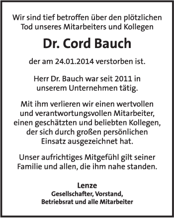 Anzeige  Cord Bauch  Lippische Landes-Zeitung