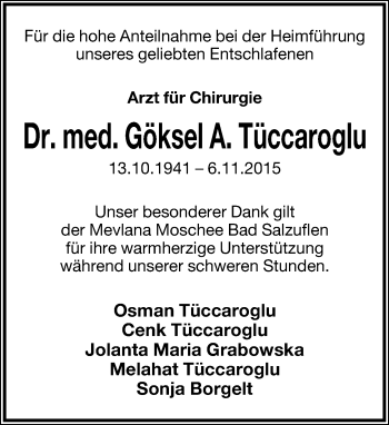 Anzeige  Göksel A. Tüccaroglu  Lippische Landes-Zeitung