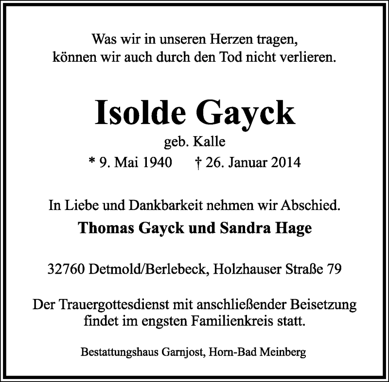  Traueranzeige für Isolde Gayck vom 01.02.2014 aus Lippische Landes-Zeitung