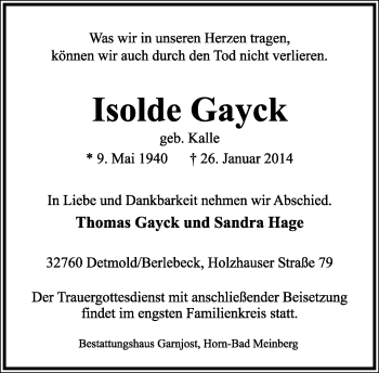 Anzeige  Isolde Gayck  Lippische Landes-Zeitung