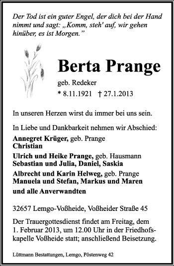 Anzeige  Berta Prange  Lippische Landes-Zeitung