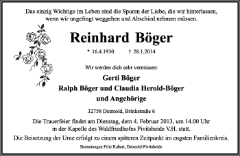 Anzeige  Reinhard Böger  Lippische Landes-Zeitung