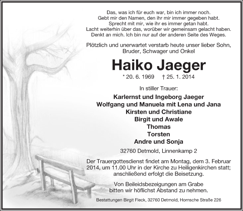  Traueranzeige für Haiko Jaeger vom 01.02.2014 aus Lippische Landes-Zeitung