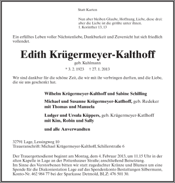 Anzeige  Edith Krügermeyer-Kalthoff  Lippische Landes-Zeitung