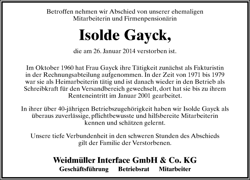  Traueranzeige für Isolde Gayck vom 01.02.2014 aus Lippische Landes-Zeitung