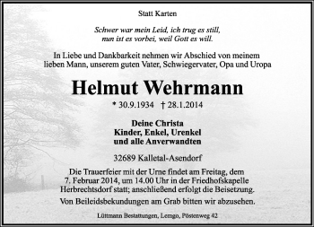 Anzeige  Helmut Wehrmann  Lippische Landes-Zeitung