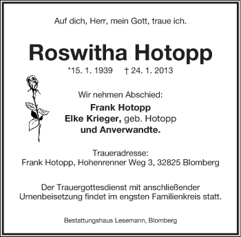 Anzeige  Roswitha Hotopp  Lippische Landes-Zeitung