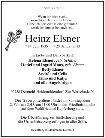 Anzeige  Heinz Elsner  Lippische Landes-Zeitung