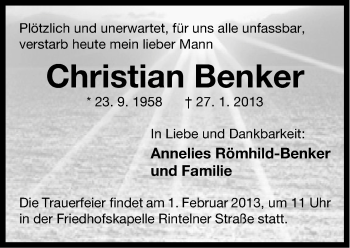 Anzeige  Christian Benker  Lippische Landes-Zeitung