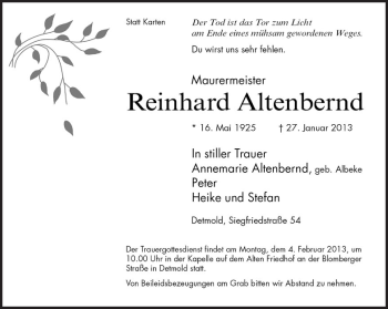 Anzeige  Reinhard Altenbernd  Lippische Landes-Zeitung