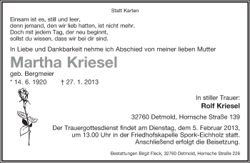 Anzeige  Martha Kriesel  Lippische Landes-Zeitung