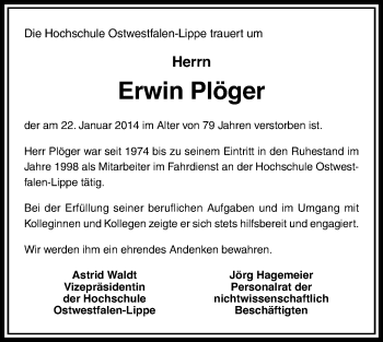 Anzeige  Erwin Plöger  Lippische Landes-Zeitung