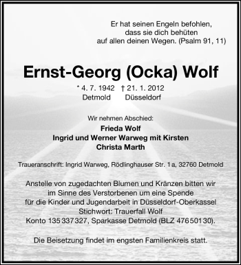 Anzeige  Ernst-Georg Wolf  Lippische Landes-Zeitung