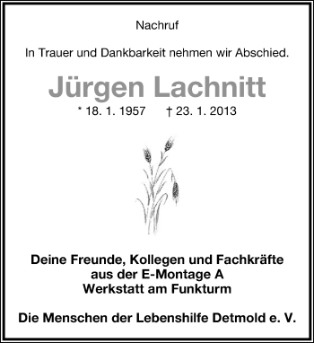 Anzeige  Jürgen Lachnitt  Lippische Landes-Zeitung