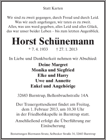Anzeige  Horst Schünemann  Lippische Landes-Zeitung