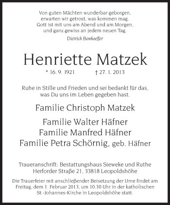 Anzeige  Henriette Matzek  Lippische Landes-Zeitung