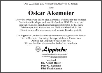 Anzeige  Oskar Akemeier  Lippische Landes-Zeitung