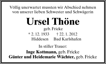 Anzeige  Ursel Thöne  Lippische Landes-Zeitung