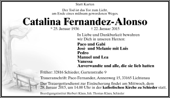 Anzeige  Catalina Fernandez-Alonso  Lippische Landes-Zeitung