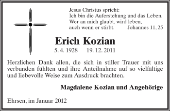 Anzeige  Erich Kozian  Lippische Landes-Zeitung