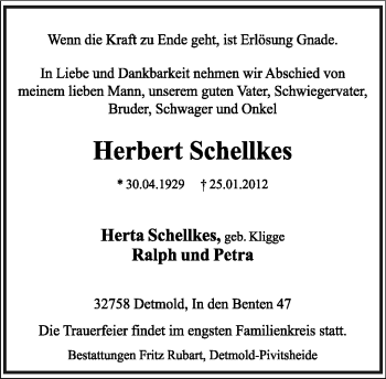 Anzeige  Herbert Schellkes  Lippische Landes-Zeitung