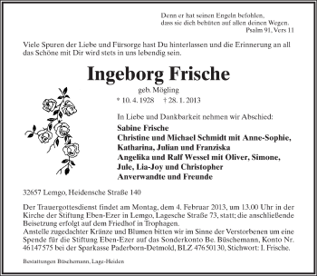 Anzeige  Ingeborg Frische  Lippische Landes-Zeitung