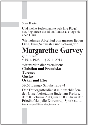 Anzeige  Margarethe Garvey  Lippische Landes-Zeitung
