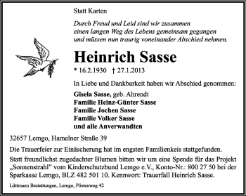Anzeige  Heinrich Sasse  Lippische Landes-Zeitung