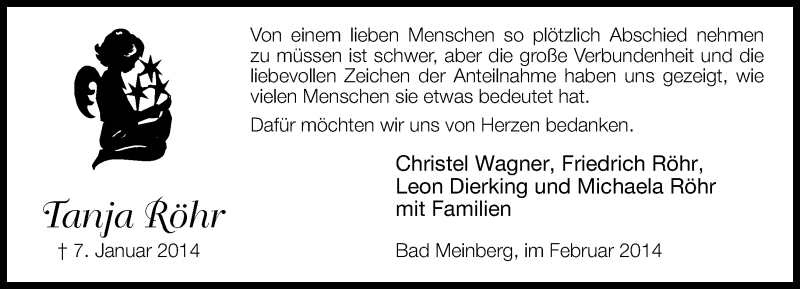  Traueranzeige für Tanja Röhr vom 01.02.2014 aus Lippische Landes-Zeitung