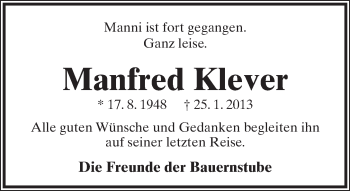 Anzeige  Manfred Klever  Lippische Landes-Zeitung
