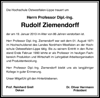Anzeige  Rudolf Ziemendorff  Lippische Landes-Zeitung