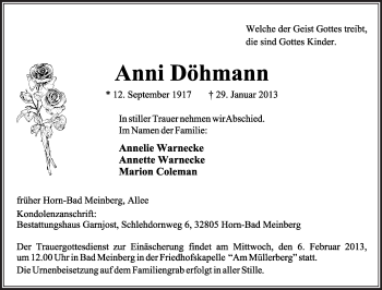 Anzeige  Anni Döhmann  Lippische Landes-Zeitung