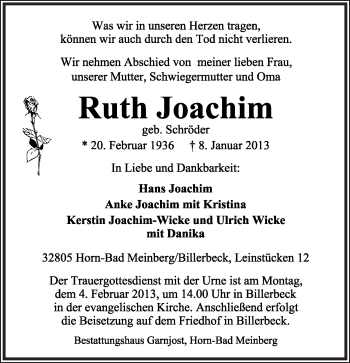 Anzeige  Ruth Joachim  Lippische Landes-Zeitung