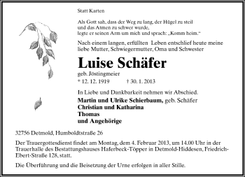 Anzeige  Luise Schäfer  Lippische Landes-Zeitung