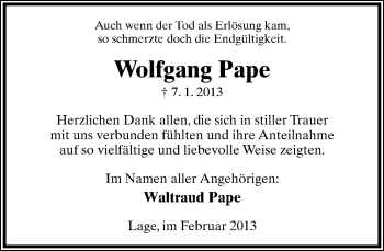 Anzeige  Wolfgang Pape  Lippische Landes-Zeitung