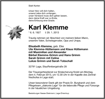 Anzeige  Karl Klemme  Lippische Landes-Zeitung