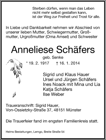 Anzeige  Anneliese Schäfers  Lippische Landes-Zeitung