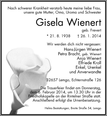 Anzeige  Gisela Wienert  Lippische Landes-Zeitung