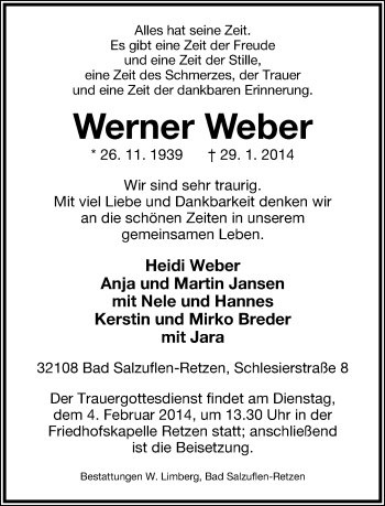 Anzeige  Werner Weber  Lippische Landes-Zeitung