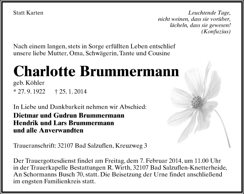  Traueranzeige für Charlotte Brummermann vom 01.02.2014 aus Lippische Landes-Zeitung