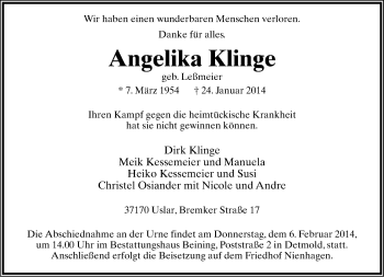 Anzeige  Angelika Klinge  Lippische Landes-Zeitung
