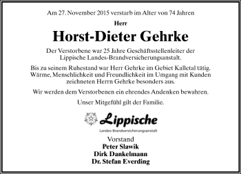 Anzeige  Horst-Dieter Gehrke  Lippische Landes-Zeitung