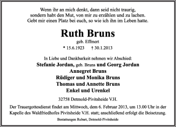 Anzeige  Ruth Bruns  Lippische Landes-Zeitung