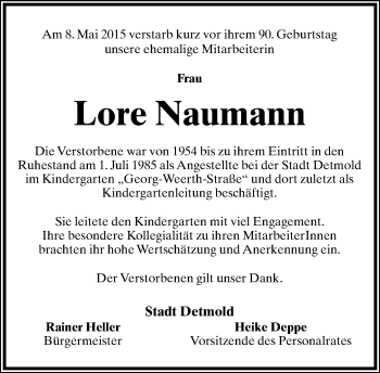 Anzeige  Lore Naumann  Lippische Landes-Zeitung