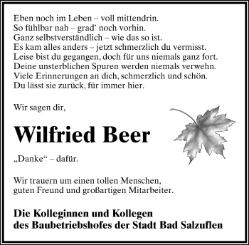 Anzeige  Wilfried Beer  Lippische Landes-Zeitung
