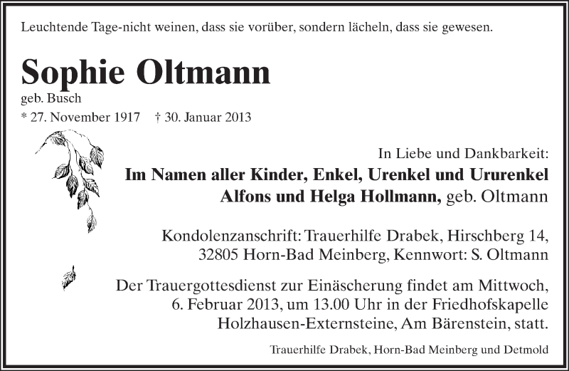  Traueranzeige für Sophie Oltmann vom 01.02.2013 aus Lippische Landes-Zeitung